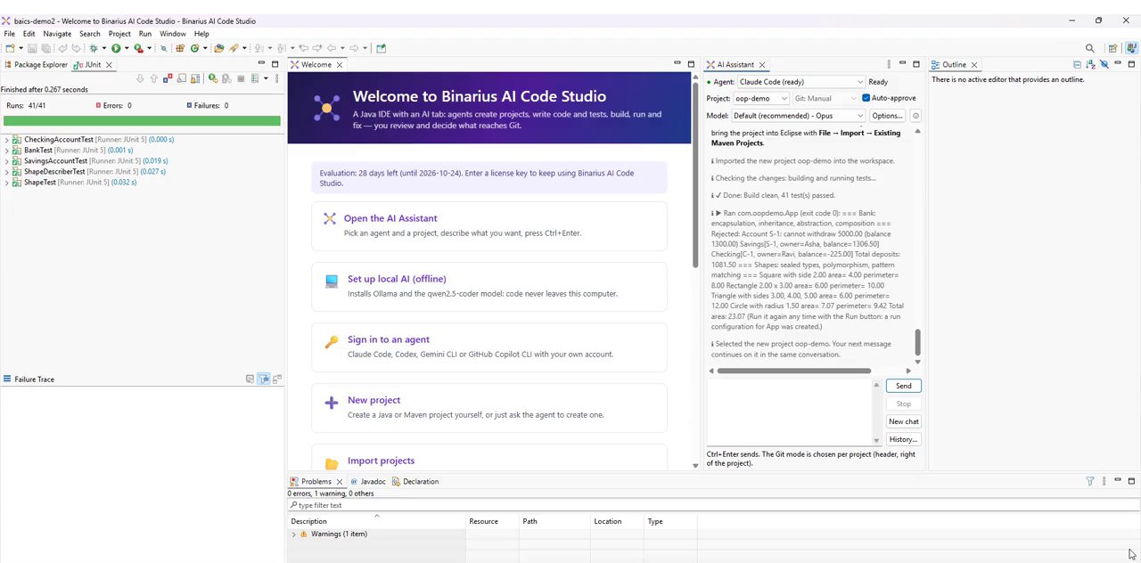 Binarius AI Code Studio: the AI Assistant has built and tested a Java project