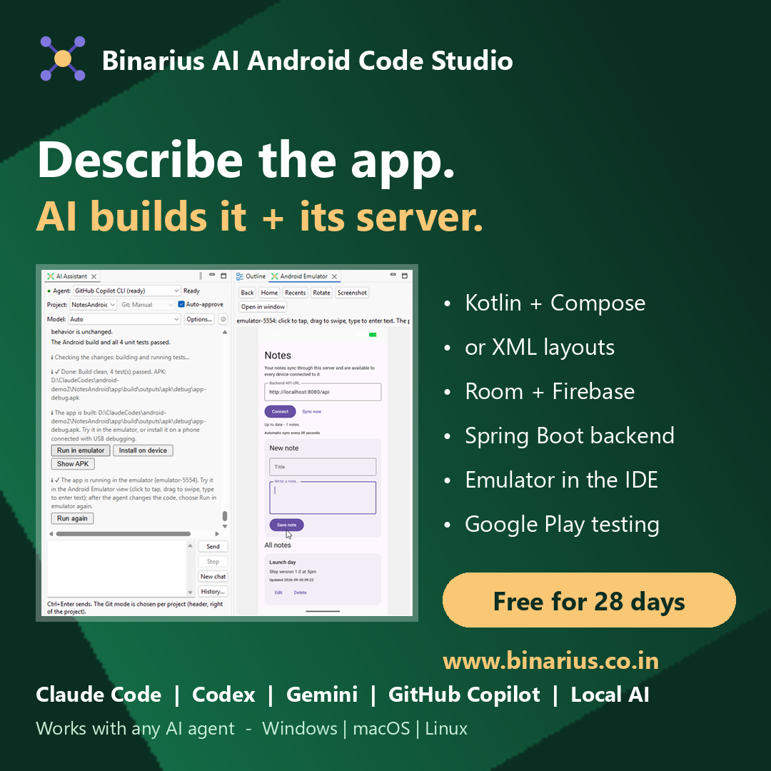 Binarius AI Android Code Studio: the AI builds an Android app and its backend