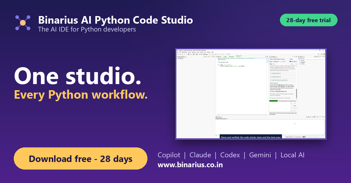 Binarius AI Python Code Studio: press Run, it just works
